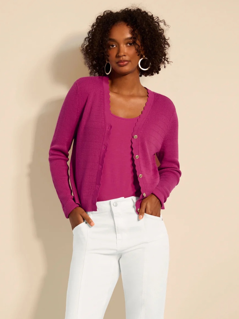 CAbi Fuchsia Scalloped V-Neck Button Cardigan - Picture 3 of 3